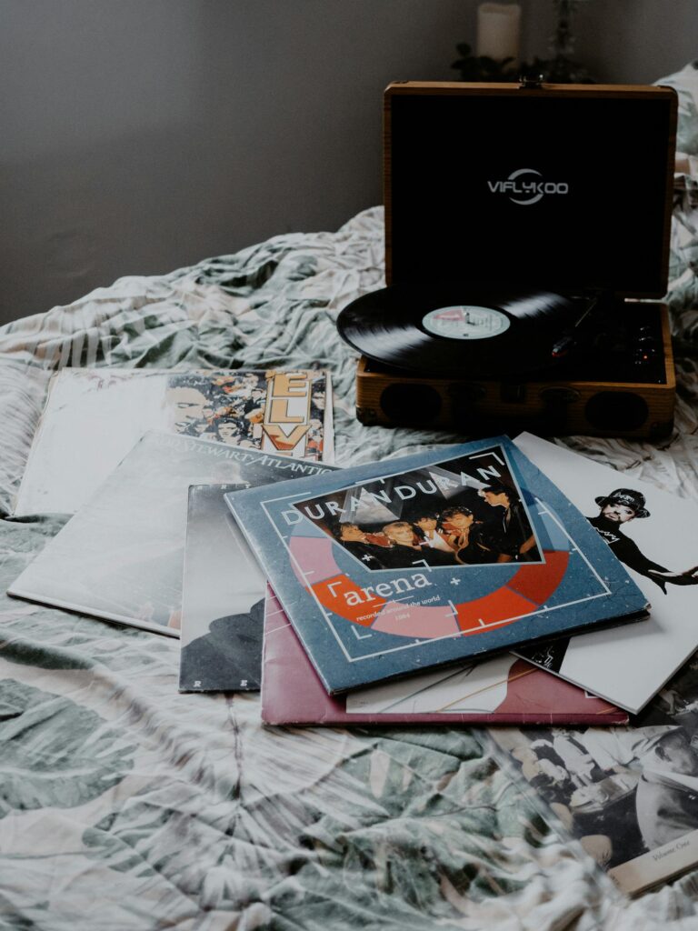 Vinyl records with striking album cover art