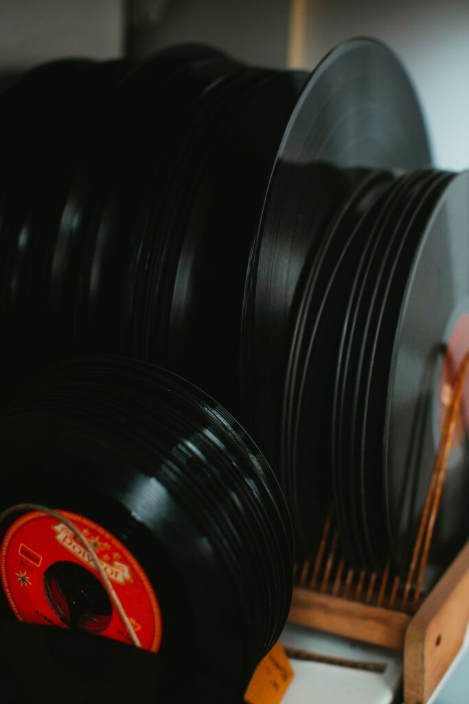 Vinyl record on a turntable, music production aesthetic