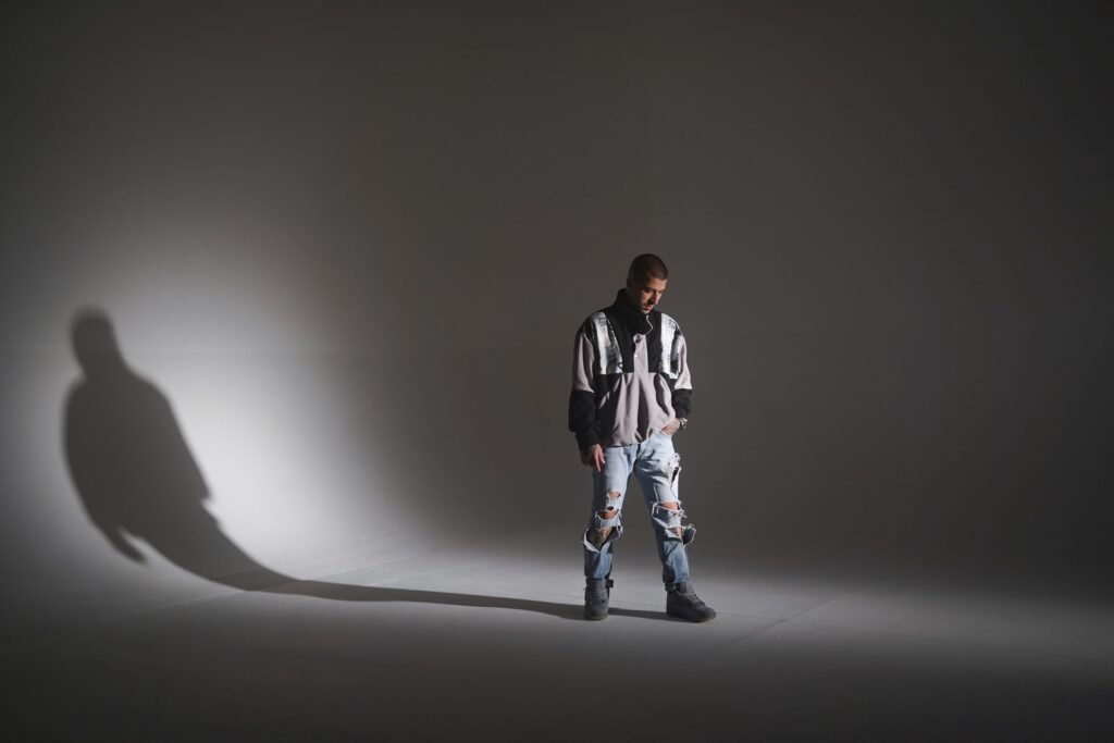 Man in vintage jacket and jeans, editorial style